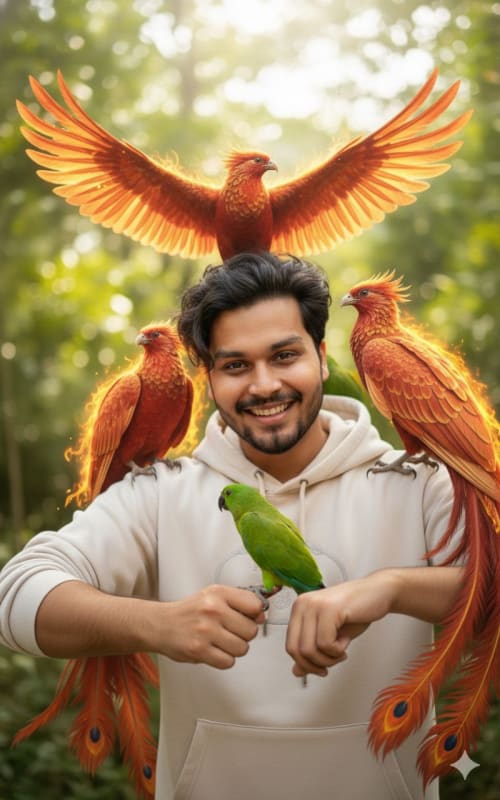 Bearded Man with Colorful Cockatoos: A Vibrant Portrait thumbnail 4