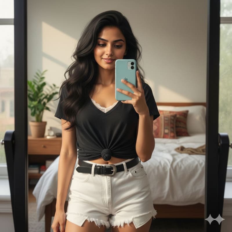 Casual Bedroom Mirror Selfie: Tied Tee & Denim Shorts thumbnail 3