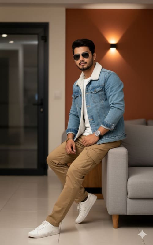 Stylish Man in Denim Jacket and Cargo Pants: Modern Fashion Portrait thumbnail 2