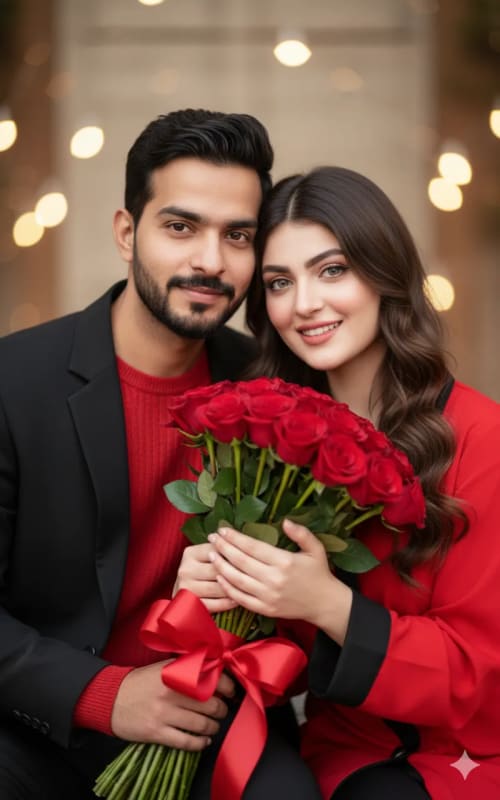 Romantic Couple Portrait with Red Roses - view 1