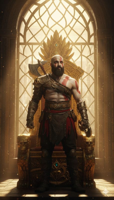 God of War Kratos Style Portrait on Golden Throne - view 1