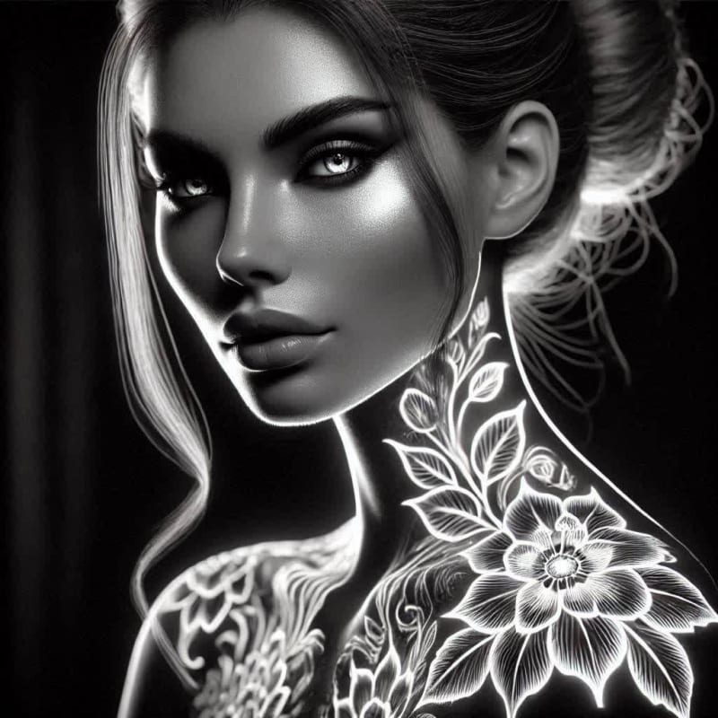 Neon Flower Tattoo Portrait: Daz3D Hyperrealistic Art thumbnail 3