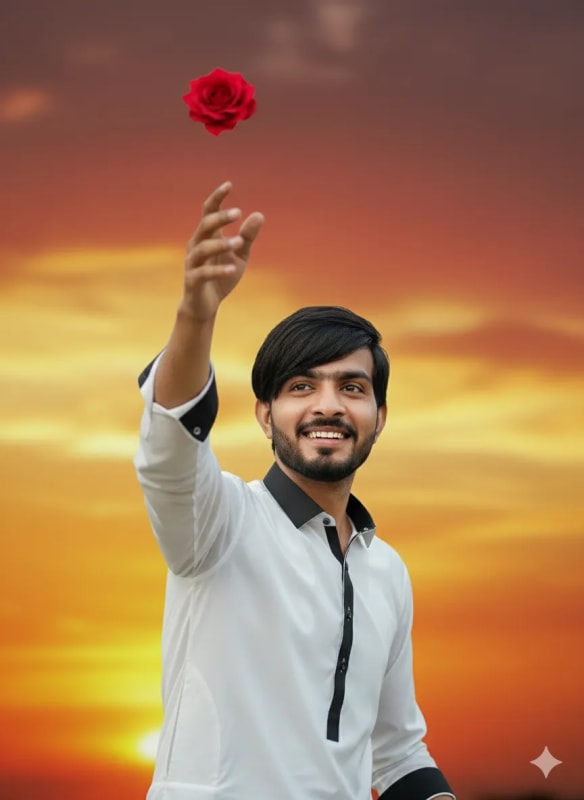 Cinematic Portrait of Young Adult Throwing Rose in Romantic Evening Setting - view 1
