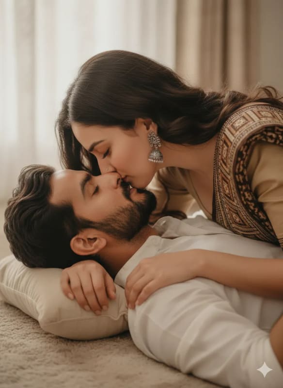 Romantic Couple in Traditional Indian Attire Kissing thumbnail 2
