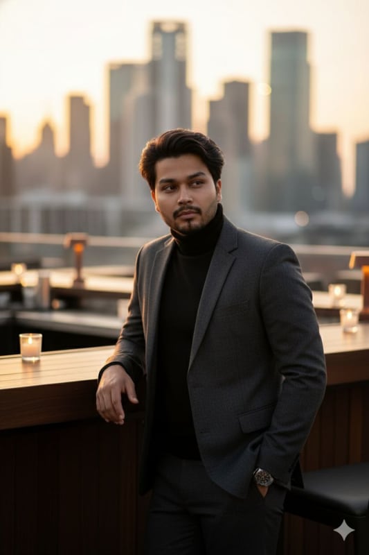 Golden Hour Rooftop Portrait: Urban Elegance - view 1