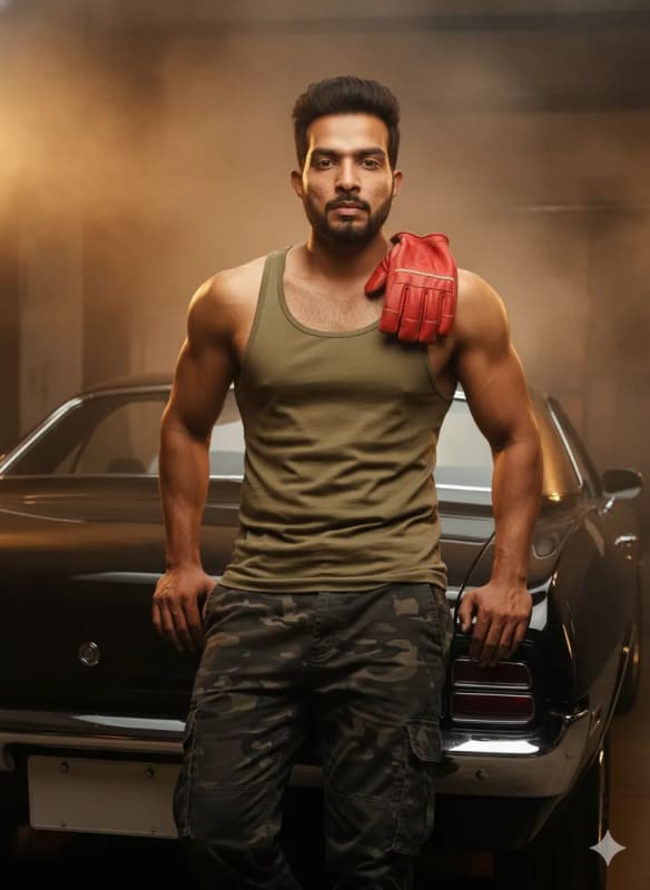 Confident Man with Muscle Car: Cinematic Action Hero - view 1