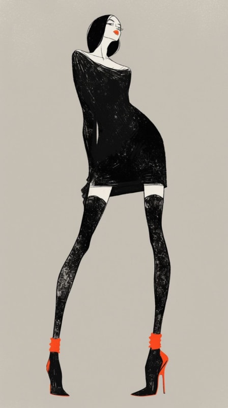 Neon Fashion Illustration: Striking Model in Ink Drawing - view 1