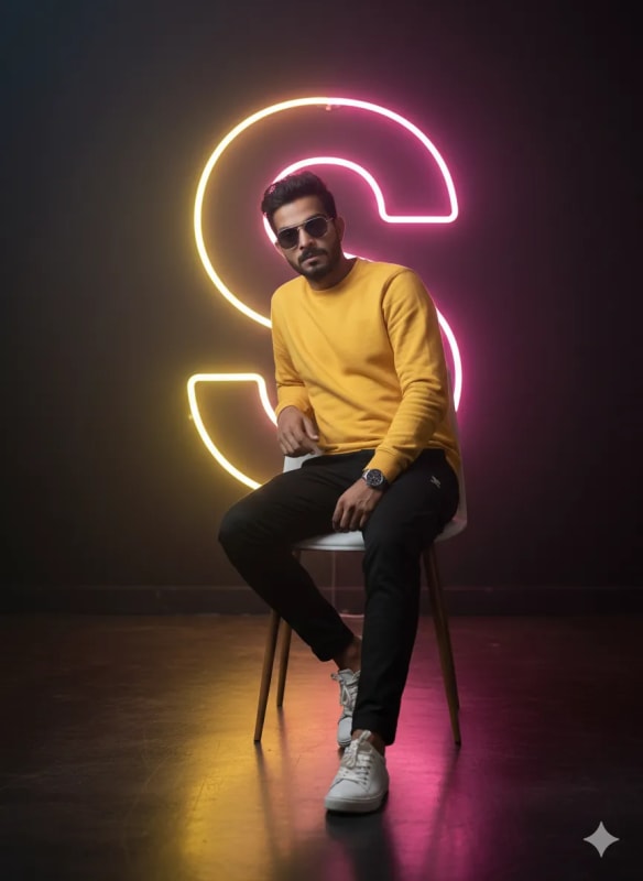 Confident Young Man in Yellow Sweatshirt with Neon 'S' Backdrop thumbnail 4
