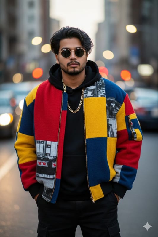 Stylish Man in Patchwork Bomber Jacket: Streetwear Photography thumbnail 3