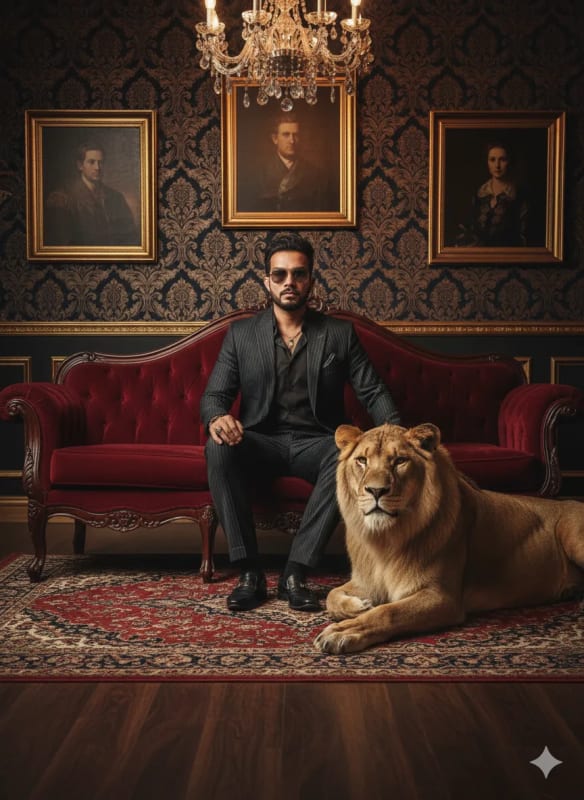 Sophisticated Man with Lion in Luxurious Room - view 1