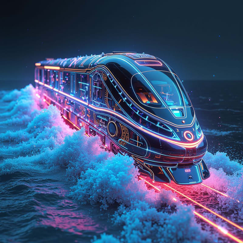 Futuristic Train Journey on Ocean Waves: X-Ray Fluorescent Art thumbnail 2