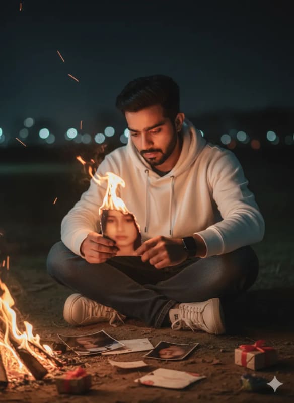 Melancholic Man with Burning Photo: Ultra Realistic Image - view 1