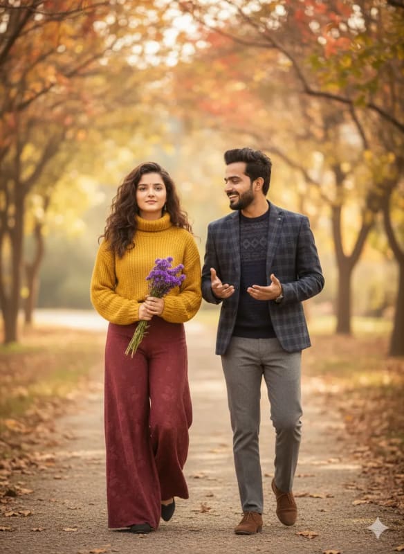 Autumn Romance: Young Couple Walking in a Park - view 1