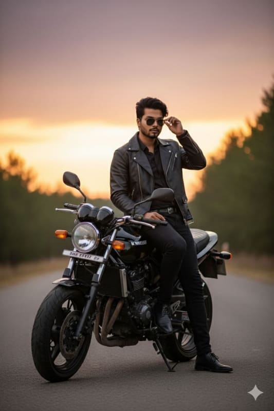 Indian Man on Motorcycle at Golden Hour: Hyper-Realistic Portrait thumbnail 2