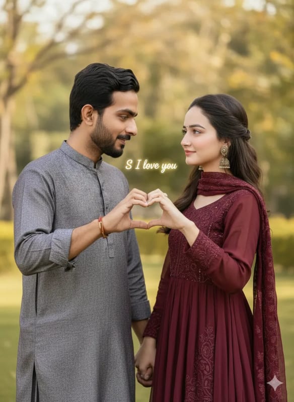 Romantic Heart Hands Pose: Boy and Girl in Traditional Attire - view 1