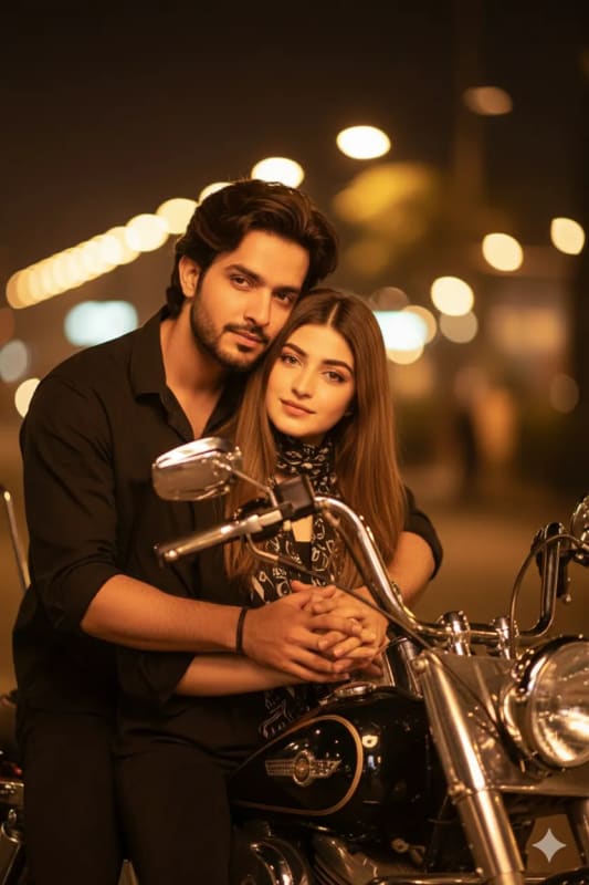 Aromantic Couple on Motorcycle: Intimate Night Scene thumbnail 2