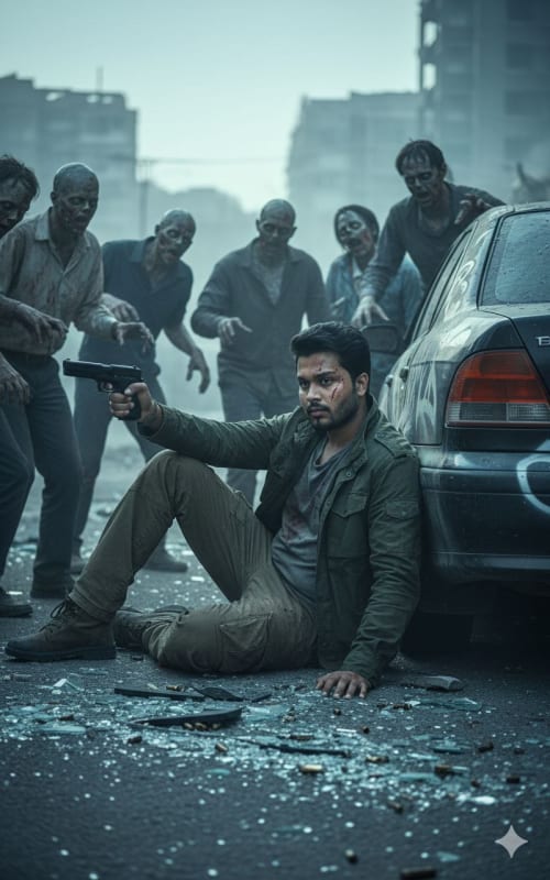 Action Scene: Young Indian Man in Post-Shootout Zombie Apocalypse thumbnail 3
