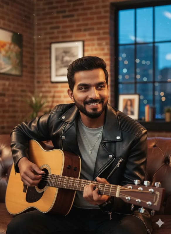 Guitar Player Portrait with Leather Jacket and Modern Style thumbnail 2