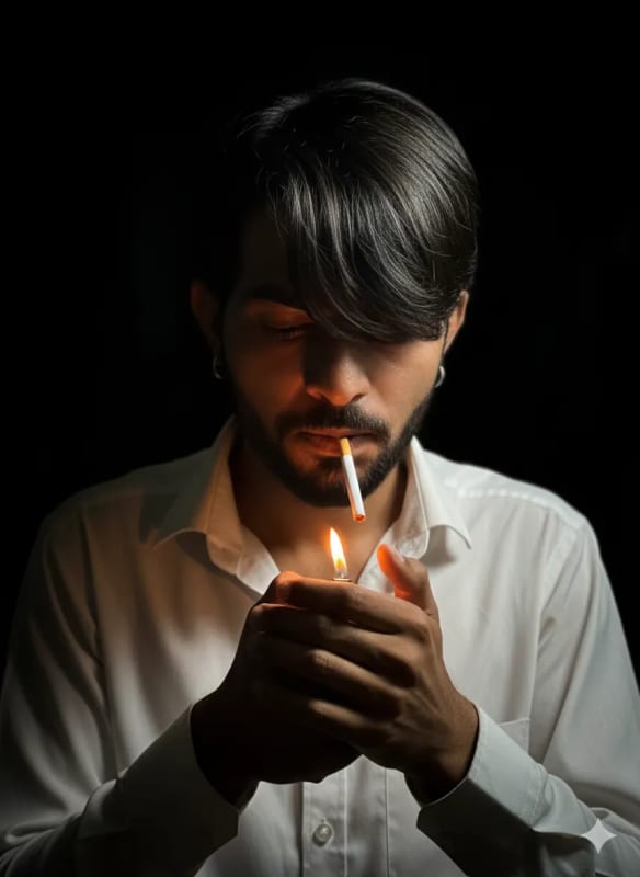 Cinematic Portrait of a Mysterious Young Man Lighting a Cigarette thumbnail 3