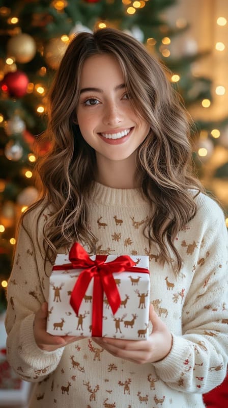 Festive Holiday Portrait: Cozy Sweater and Joyful Gift thumbnail 3