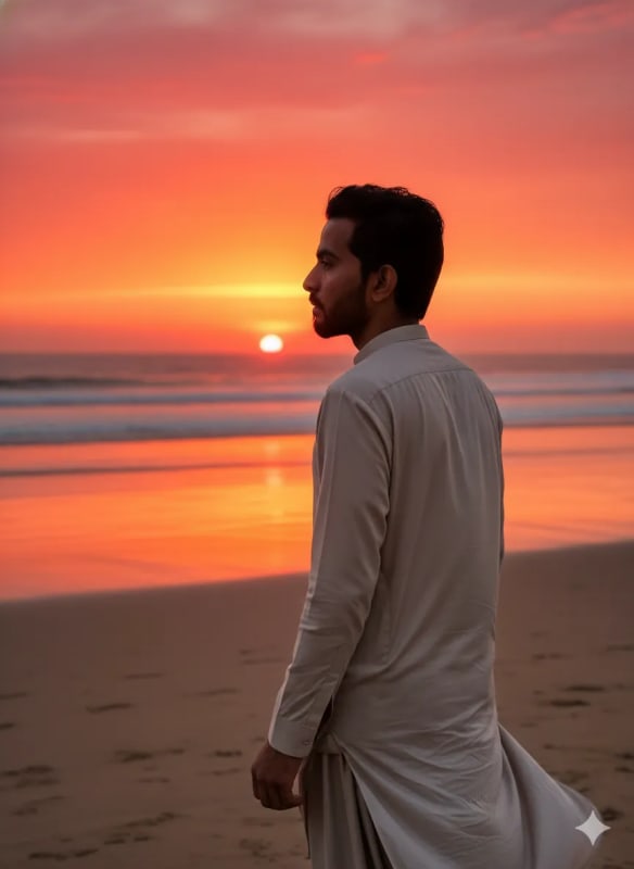 Serene Beach Portrait: Man in Shalwar Kameez at Sunset thumbnail 3