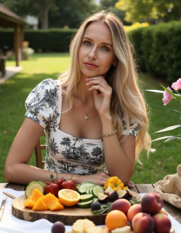 Elegant Blonde Woman in Polka Dot Dress on European Street thumbnail 6