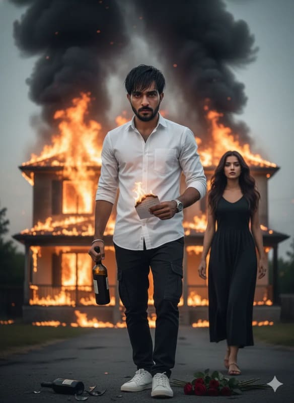 Heartbreak Portrait: Man with Burning Letter in Front of Burning House thumbnail 3