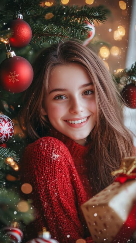 Festive Christmas Portrait: Girl in Snowflake Sweater - view 1