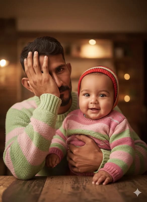 Father and Baby Portrait in Matching Sweaters: Hyper-Realistic AI Art thumbnail 2