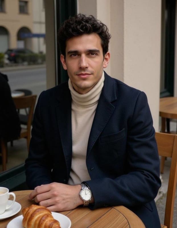Parisian Cafe Portrait: Man in Navy Coat thumbnail 2