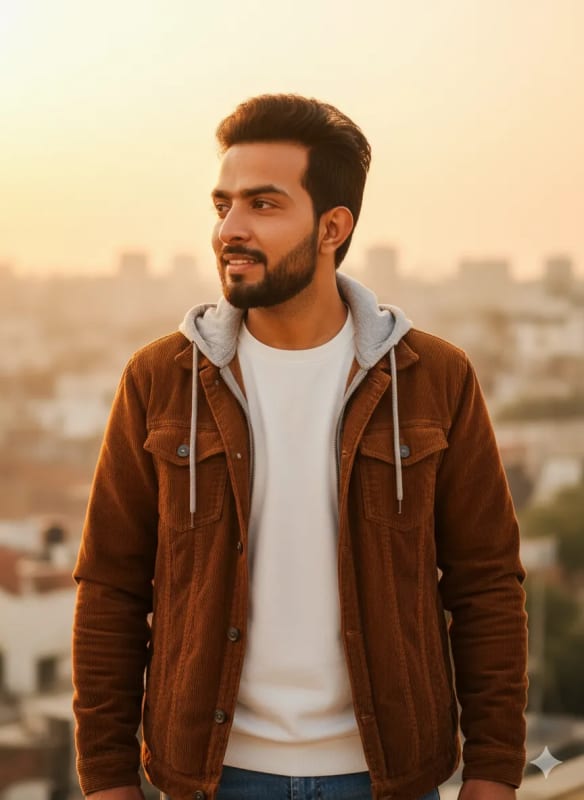 Stylish Young Man in Corduroy Jacket: Golden Hour Portrait - view 1