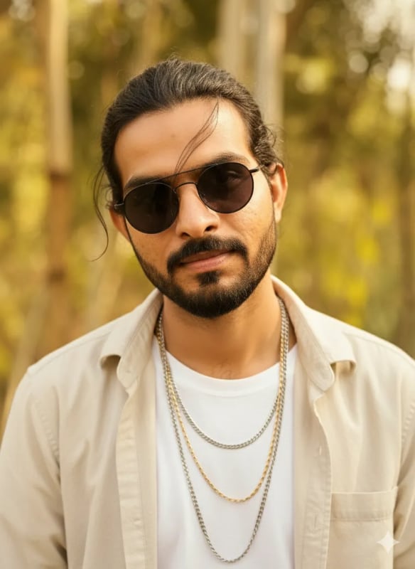 Stylish Man with Sunglasses and Layered Necklaces Portrait thumbnail 2