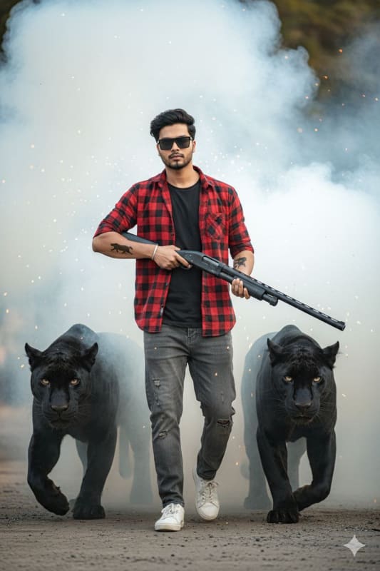 Stylish Man Walking Through Smoke with Panthers - Realistic Photo - view 1