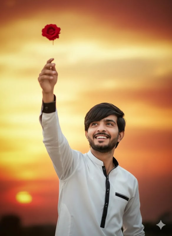 Cinematic Portrait of Young Adult Throwing Rose in Romantic Evening Setting thumbnail 2