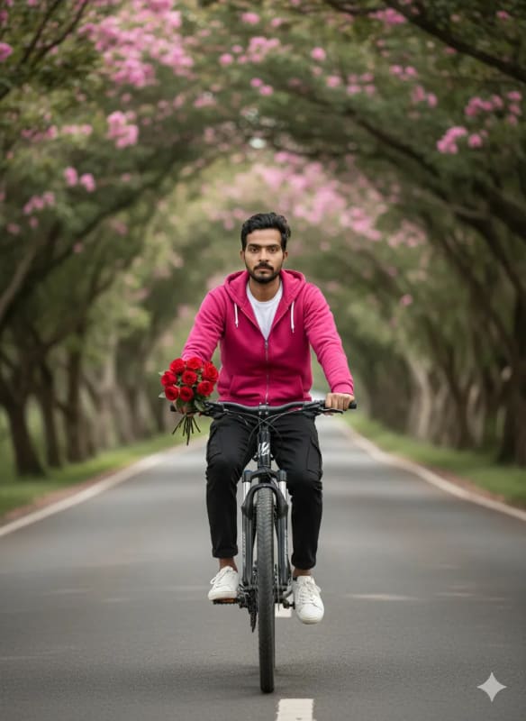 Romantic Bicycle Ride Portrait: Man with Roses in Nature thumbnail 3