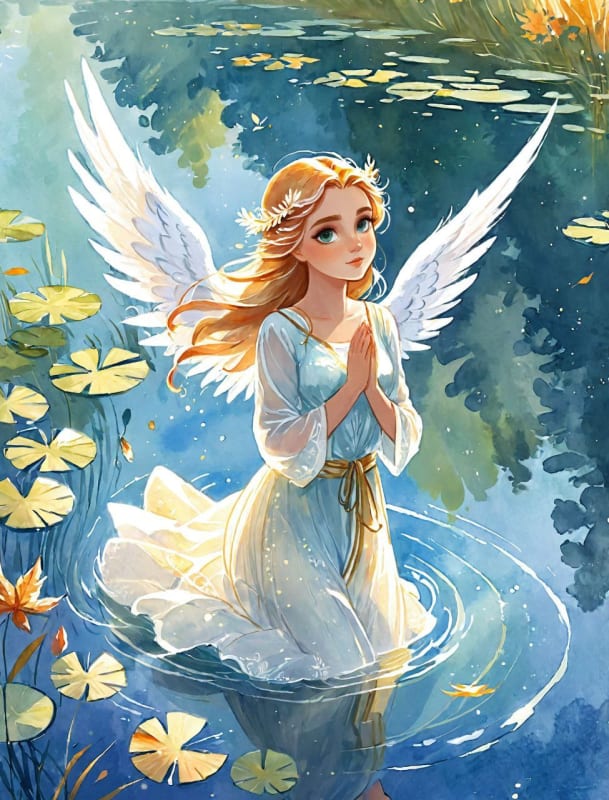 Ethereal Angel Floating Above Tranquil Lake at Dawn - view 1