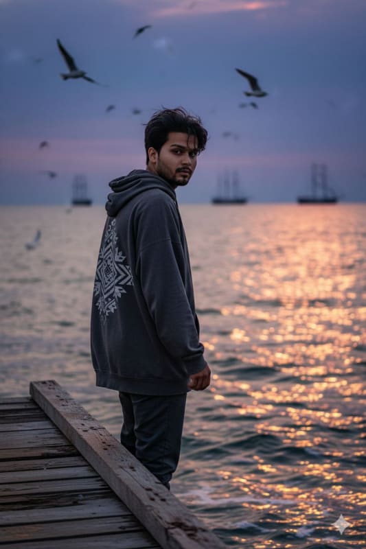 Melancholic Sunset Portrait: Man on Pier with Golden Hour Lighting thumbnail 2