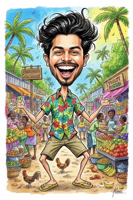 Vibrant Caricature Illustration in Jamaican Marketplace Style - view 1