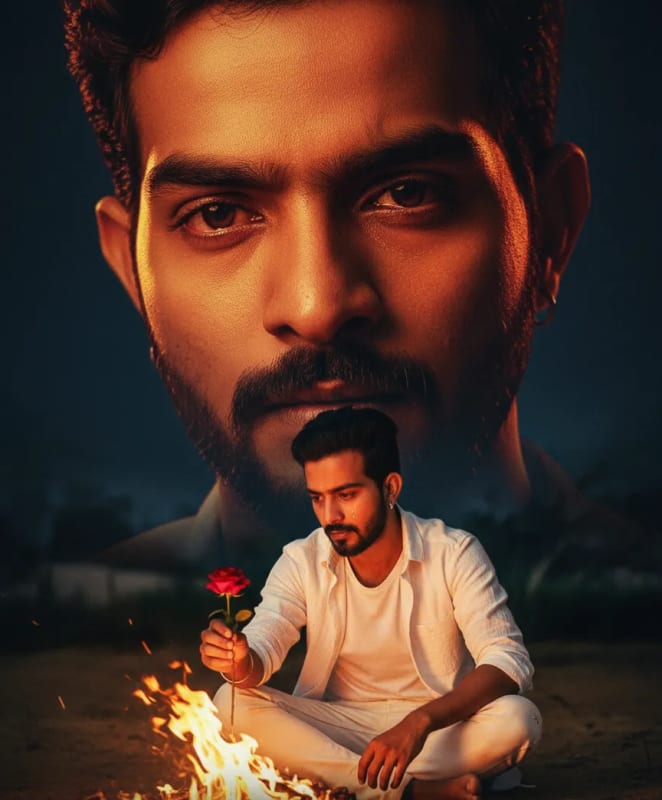 Emotional Bollywood Bonfire Portrait: Cinematic AI Art Prompt - view 1