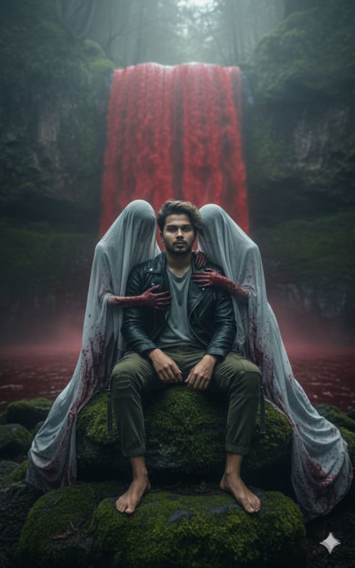 Gothic Forest Encounter: Androgynous Man with Spectral Figures - view 1