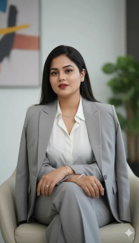 Confident Woman in Gray Suit: Cinematic Portrait - view 1