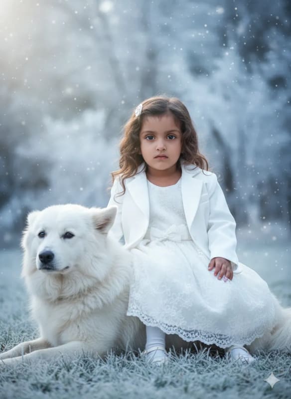 Charming Baby Girl and Dog Portrait in Frozen Tones thumbnail 3