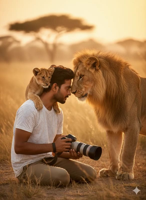 Wildlife Portrait with Lion Cub and DSLR on Savanna at Sunset thumbnail 3