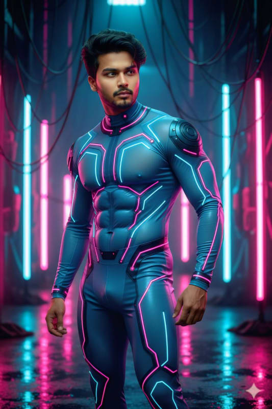 Futuristic Cyberpunk Bodysuit Portrait: Neon & Sheer Design - view 1