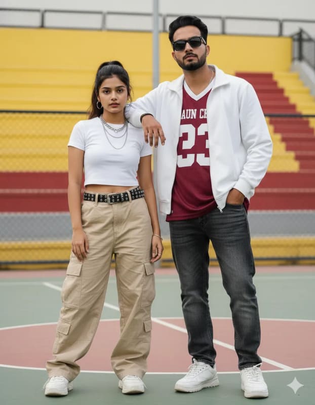Urban Streetwear Couple on Basketball Court AI Prompt thumbnail 2