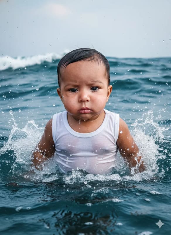 Boy Emerging from the Sea: Hyperrealistic AI Portrait - view 1