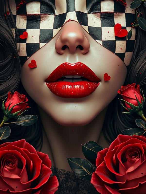 Gothic Surreal Portrait: Red Lips & Roses thumbnail 2
