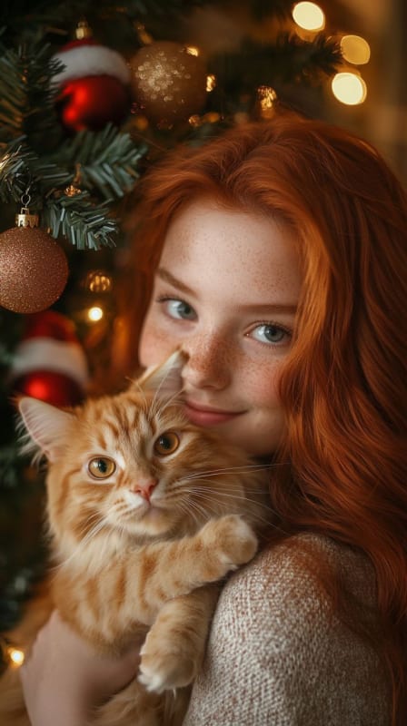 Festive Redhead with Orange Cat: Holiday Portrait Photography - view 1