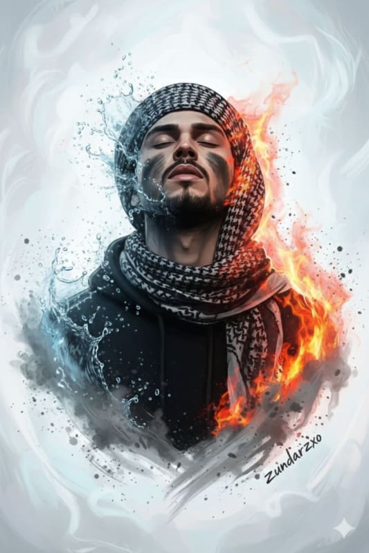 Dark Portrait with Water and Fire: Intense Emotional Art - view 1
