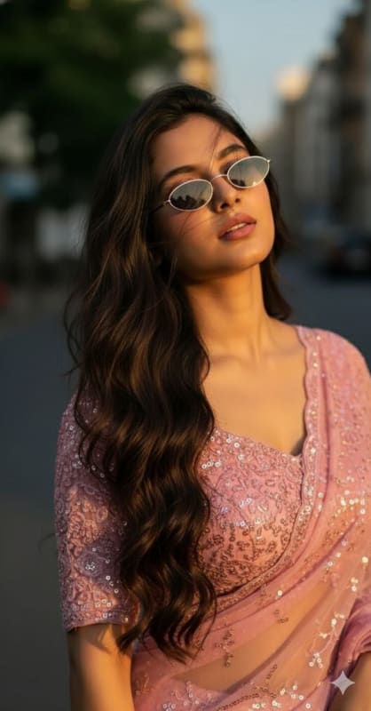Sunlit Pink Shimmer Saree Portrait thumbnail 2